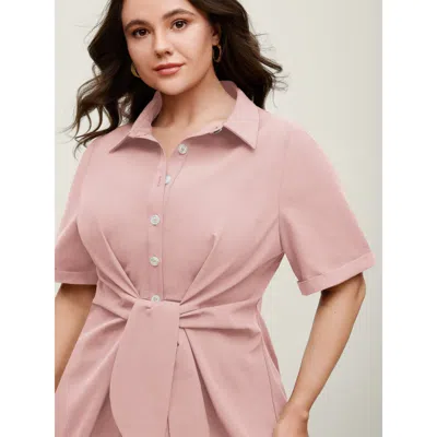 Bloomchic Women's Plus Size Knotted Front Asymmetrical Hem Blouse Crepe Solid Office Short Sleeve Collared Nec