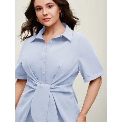 Bloomchic Women's Plus Size Knotted Front Asymmetrical Hem Blouse Lightblue Solid Office Short Sleeve Collared In Blue