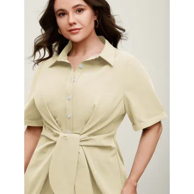 Bloomchic Women's Plus Size Knotted Front Asymmetrical Hem Blouse Lightyellow Solid Office Short Sleeve Collar