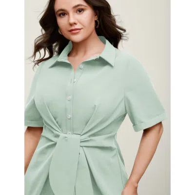 Bloomchic Women's Plus Size Knotted Front Asymmetrical Hem Blouse Mint Solid Office Short Sleeve Collared Neck In Green