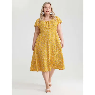 Bloomchic Women's Plus Size Knotted Front Daisy Floral Print Midi Dress Turmeric Ditsy Floral Midi Elegant Tie In Yellow