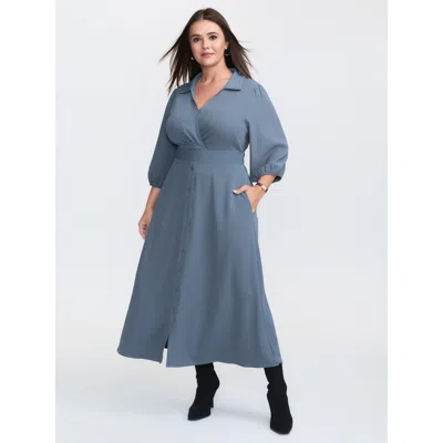 Bloomchic Women's Plus Size Knotted Front Placket Shirt Dress Stone Non Midi Office 10/m In Gray