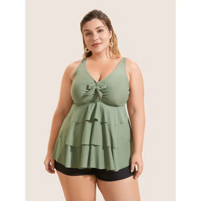 Bloomchic Women's Plus Size Knotted Front Ruffle Tiered Tankini Top Armygreen Solid Sleeveless Ruffles Adaptiv