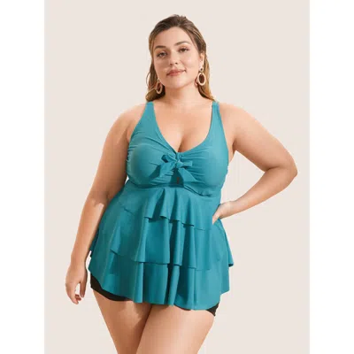 Bloomchic Women's Plus Size Knotted Front Ruffle Tiered Tankini Top Turquoise Solid Sleeveless Ruffles Adaptiv In Blue