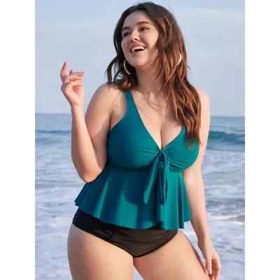 Bloomchic Women's Plus Size Knotted Front Ruffles Adjustable Straps Tankini Top Cerulean Solid Adjustable Stra In Blue