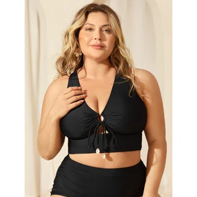 Bloomchic Women's Plus Size Knotted Keyhole Crossstraps Bikini Top Black Solid Sleeveless Ruched Adaptive-fit 