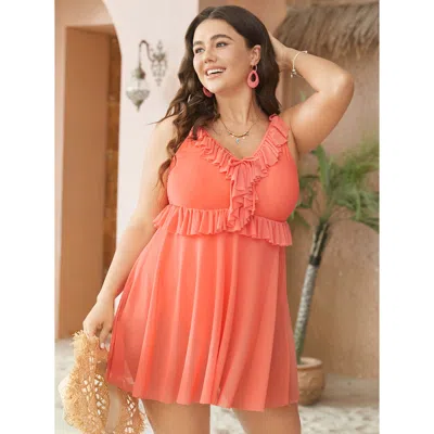 Bloomchic Women's Plus Size Knotted Ruffle Trim V Neck Mesh Hem Swim Dress Salmon Solid Adjustable Straps Adap In Pink
