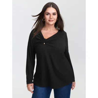 Bloomchic Women's Plus Size Knotted Side Neckline Stretchy Knit Top Black Long Sleeve Office 22-24/3x