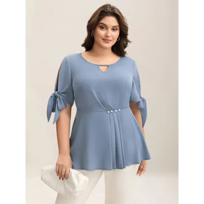 Bloomchic Women's Plus Size Knotted Sleeve Pearl Detail Keyhole Blouse Stone Solid Office Short Sleeve Round N In Gray