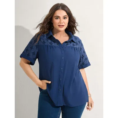 Bloomchic Women's Plus Size Lace Button Down Solid Shirt Darkblue Vacation Short Sleeve 10/m In Blue