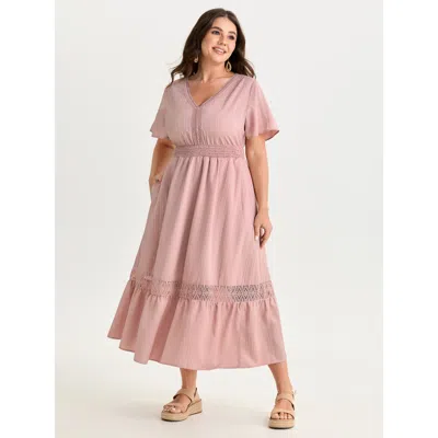 Bloomchic Women's Plus Size Lace Cinched-waist V-neckline Maxi Dress Nudepink Solid Maxi Vacation Patchwork 10