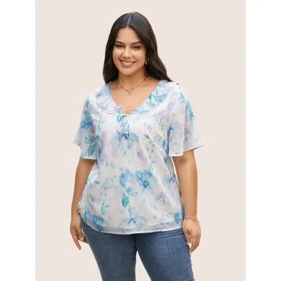 Bloomchic Women's Plus Size Lace Collar Floral Ruffle Trim Blouse Bluepurple Floral Everyday Short Sleeve 10/m In Purple