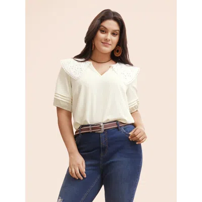 Bloomchic Women's Plus Size Lace Collar Lantern Sleeve Pleated Blouse Ivory Non Vacation Short Sleeve 10/m In White