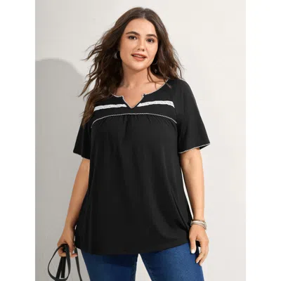 Bloomchic Women's Plus Size Lace Color Contrast Pleated T-shirt Black Non Vacation Short Sleeve 10/m