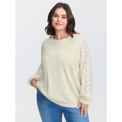 Bloomchic Women's Plus Size Lace Contrast Sleeve Ribbed Sweatshirt Beige Casual 10/m In Sand