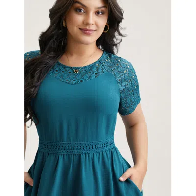 Bloomchic Women's Plus Size Lace Cut-out Raglan Sleeve Pockets Mini Dress Aegean Solid Midi Elegant Mesh Panel In Blue