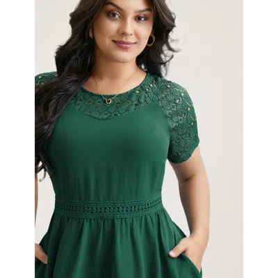 Bloomchic Women's Plus Size Lace Cut-out Raglan Sleeve Pockets Mini Dress Darkgreen Solid Midi Elegant Mesh Pa In Green