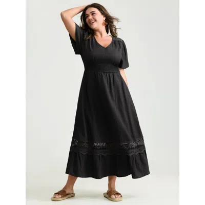 Bloomchic Women's Plus Size Lace Cut-out Shirred Solid Maxi Dress Black Solid Vacation Ruffles 10/m