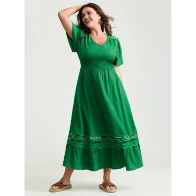 Bloomchic Women's Plus Size Lace Cut-out Shirred Solid Maxi Dress Emerald Solid Vacation Ruffles 22-24/3x In Green