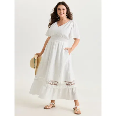 Bloomchic Women's Plus Size Lace Cut-out Shirred Solid Maxi Dress Opticwhite Solid Vacation Ruffles 12/l In White