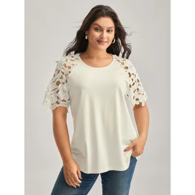 Bloomchic Women's Plus Size Lace Cut-out Sleeve Solid T-shirt Originalwhite Solid Casual Short Sleeve Round Ne