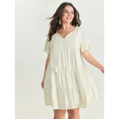 Bloomchic Women's Plus Size Lace Drawstring Neckline Tiered Mini Dress Originalwhite Solid Knee Length Vacatio
