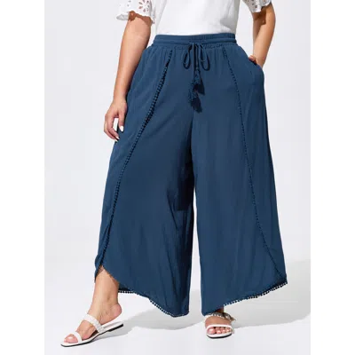 Bloomchic Women's Plus Size Lace Drawstring Waist Petal Hem Pants Mediumblue Solid Wide Leg High Rise Vacation