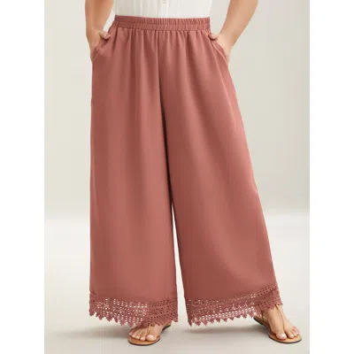 Bloomchic Women's Plus Size Lace Hem Wide-leg Pocket Pants Russet Solid Wide Leg Mid Rise Casual 12/l In Brown