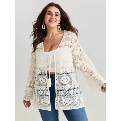 Bloomchic Women's Plus Size Lace Hollow Front-tie Kimono Beige Lace-up A-line 10/m In Sand