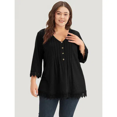 Bloomchic Women's Plus Size Lace Insert Button Detail Pleated T-shirt Black 3/4 Sleeve Dailywear 12/l