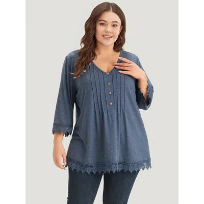 Bloomchic Women's Plus Size Lace Insert Button Detail Pleated T-shirt Darkblue 3/4 Sleeve Dailywear 12/l In Blue