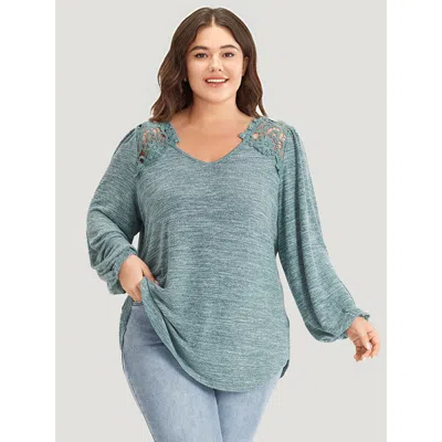 Bloomchic Women's Plus Size Lace Insert Curved Hem Lantern Sleeve Sweatshirt Cyan Silhouette Floral Print Dail In Blue