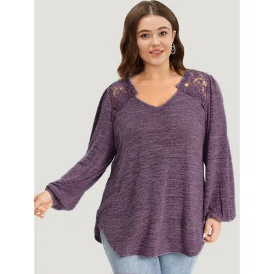Bloomchic Women's Plus Size Lace Insert Curved Hem Lantern Sleeve Sweatshirt Purple Silhouette Floral Print Da