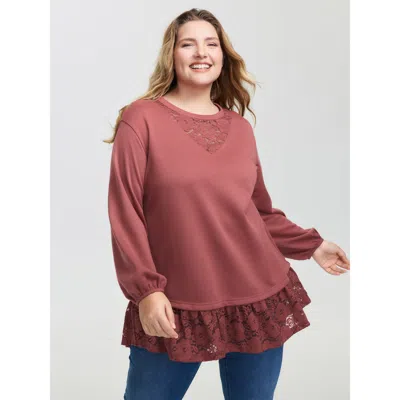 Bloomchic Women's Plus Size Lace Layered Hem Contrast Sweatshirt Russet Casual 10/m In Brown