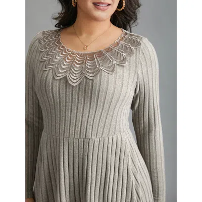 Bloomchic Women's Plus Size Lace Neck Patchwork Ribbed Knit Dress Lightgray Elegant Midi Woven Ribbon&lace Tri In Gray