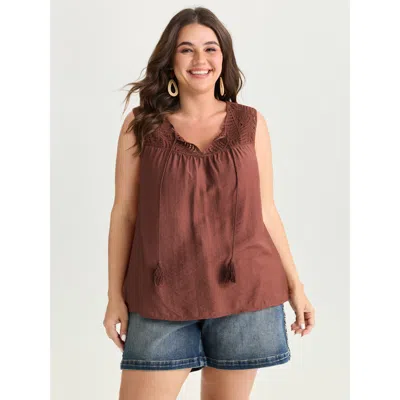 Bloomchic Women's Plus Size Lace Neckline Drawstring Neckline Tank Top Browncoffeecolor Vacation A-line V-notc