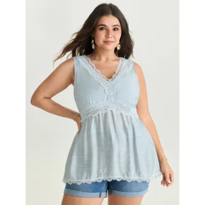 Bloomchic Women's Plus Size Lace Neckline Plain Blouse Lightblue Vacation A-line V-neck 10/m In Blue