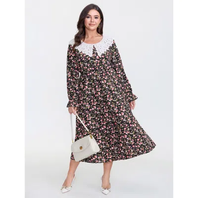 Bloomchic Women's Plus Size Lace Neckline Stretchy Waist-defining Midi Dress Black Ditsy Floral Midi Elegant C