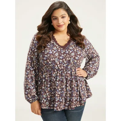 Bloomchic Women's Plus Size Lace Panel Lantern Sleeve Elastic Waist T-shirt Burgundy Long Sleeve Dailywear 12/