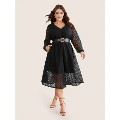 Bloomchic Women's Plus Size Lace Panel Overlap Collar Mesh Dress Black Dailywear Elastic Cuffs 22-24/3x