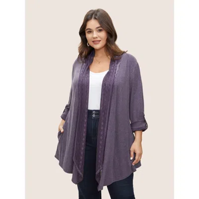 Bloomchic Women's Plus Size Lace Panel Roll Tab Sleeve Open Front Kimono Mauve Woven Ribbon&lace Trim 12/l In Purple