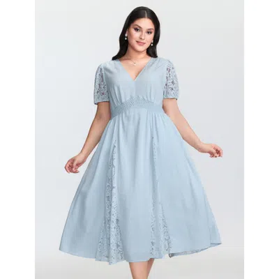Bloomchic Women's Plus Size Lace Panels Shirred Waist Midi Dress Lightblue Synthetic Texture Midi Elegant Text In Blue