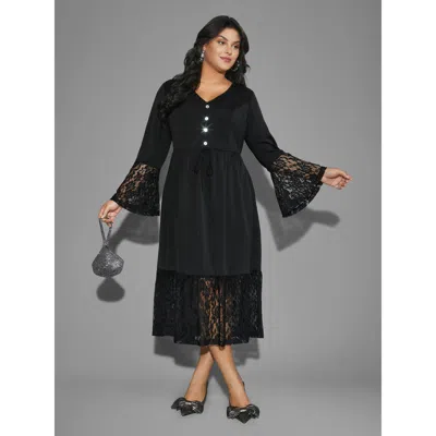Bloomchic Women's Plus Size Lace Patchwork Button Detail Tie Knot Dress Black Party Midi Woven Ribbon&lace Tri