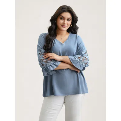 Bloomchic Women's Plus Size Lace Patchwork Ruffled V-neck Blouse Stone Solid Elegant 3/4 Sleeve V-neck 12/l In Gray