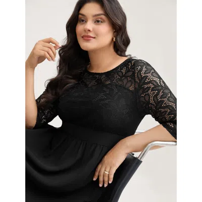 Bloomchic Women's Plus Size Lace Patchwork Shirred Midi Pocket Dress Black Solid Maxi Party Cut-out 12/l