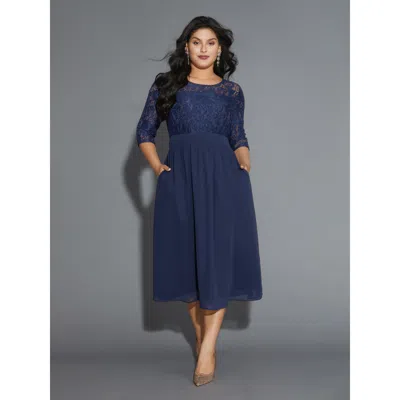 Bloomchic Women's Plus Size Lace Patchwork Shirred Midi Pocket Dress Darkblue Solid Maxi Party Cut-out 10/m In Blue