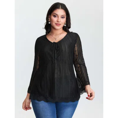Bloomchic Women's Plus Size Lace Ruched Drawstring Neckline Knit Top Black Long Sleeve Elegant V-neck 12/l