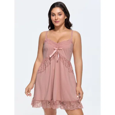 Bloomchic Women's Plus Size Lace Ruffled Hem Bow Detail Nightgown Dirtypink Sleeveless Midi Sweetheart Neck 10