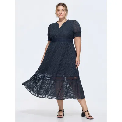 Bloomchic Women's Plus Size Lace Ruffled Hem Puff Sleeve Midi Dress Indigo Else Maxi Elegant Cable Knit 18-20/ In Purple