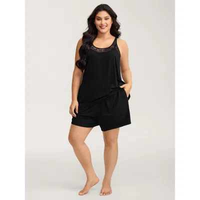 Bloomchic Women's Plus Size Lace Scoop Neckline Pockets Two-piece Pajama Set Black 12/l